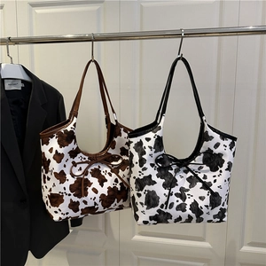 Women Large Capacity Tote Bag PU Leather Cow Print Shoulder Bag With Bow Decoration Casual Commuter Handbag