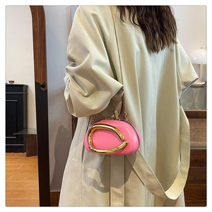 Detail of pink mini bag with large gold horseshoe hardware and fine chain shoulder strap