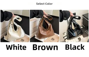 Detailed comparison of white, brown and black tote bags with silver stud embellishments