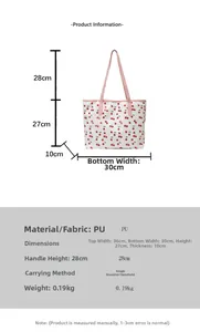 Detailed size chart for cherry print tote bag showing dimensions and dual carry options