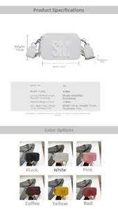 Dimensions détaillées et vue multicolore d'un sac bandoulière minimaliste en cuir PU