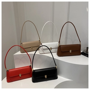 Detailed view of fashion baguette bags in five colors with golden metal buckles