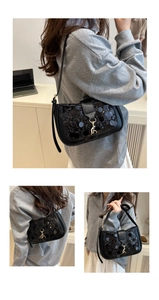 Three-angle views showing black sequin shoulder bag style on model in home setting