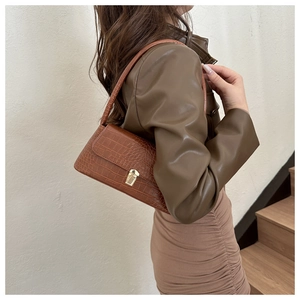 Close-up of brown crocodile pattern small square bag with gold metallic buckle and strap
