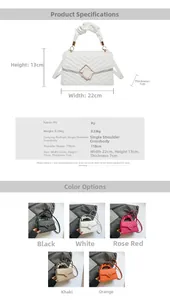 Detailed size chart and multi-color options for quilted high-capacity crossbody bag