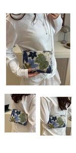 Detail of floral embroidery and sequins on cream chain bag shown in multi-angle views