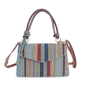Colorful striped woven straw handbag with chain strap and top handle for women