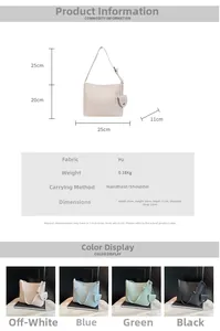 Detailed size specifications and 4-color options for the minimalist commuter bucket bag