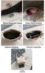 Detail view of the beige bucket bag interior with magnetic closure and inner pocket