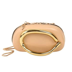 Chic light brown pillow bag with unique gold metal ring handle and snake chain strap