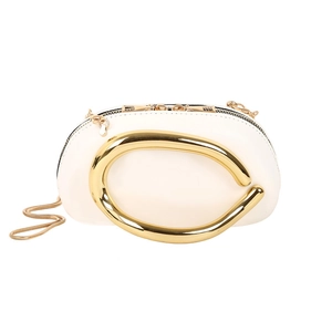 Chic white semi-circular shoulder bag with gold ring handle and snake chain strap