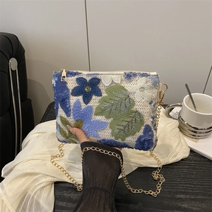 Elegant sequined floral embroidery clutch bag with a gold chain strap for women