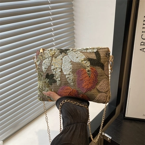 Elegant floral sequin clutch with embroidery and gold chain strap for summer style
