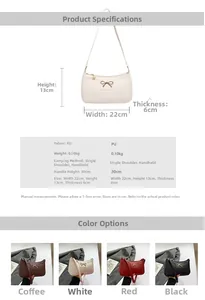 Detailed spec chart of the bow accent shoulder bag showing size and PU leather texture