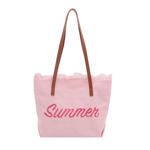 Pink canvas tote bag with Summer embroidery, brown leather straps, and lace trim details