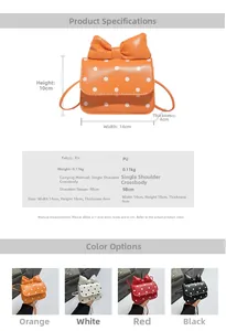 Detail showing mini crossbody bag size 14x10x4cm with dot pattern and bow accent