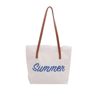 Grande borsa tote in tela con stampa Summer e tracolla in finta pelle marrone