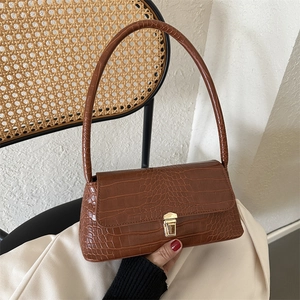 Stylish brown crocodile pattern underarm bag with gold metal clasp for women