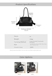 Detailed size specifications and material chart for large PU leather tote bag with dimensions