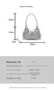 Tabla detallada de dimensiones y material para el bolso de mano plateado en PU