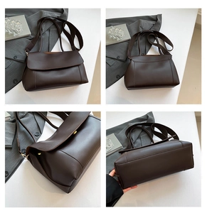 Detailed views of a vintage dark brown leather tote bag with a minimalist flap cover design