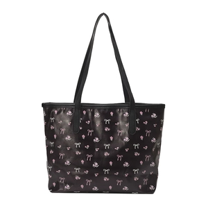 Grand sac cabas noir avec nœud rose et imprimé floral pour le travail et l'école