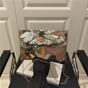 Elegant sequined floral embroidery clutch bag with a gold metal chain strap for women