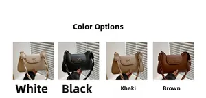 Detail view of woven shoulder straps and metallic bow buckles on four stylish handbags