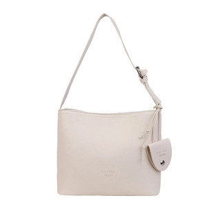 Chic off-white litchi grain bucket bag with adjustable strap and small coin purse
