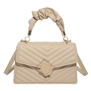 Chic beige quilted crossbody bag with pleated handle and minimalist square clasp lock