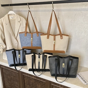Women Tote Handbag Contrast Color PU Leather And Canvas Patchwork Large Capacity Shoulder Bag With Metal Lock Retro Commuter Style