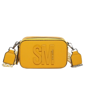 Sac bandoulière carré jaune vif avec large sangle à motif et logo en relief