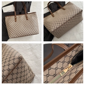 Macro views of Macadam pattern tote bag showing zip details and leather stitching