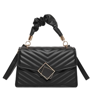 Classic black chevron quilted handbag with stylish ruched handle and gold hardware
