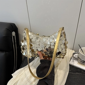 Elegant gold sequin shoulder bag for evening events with a shimmering metallic finish