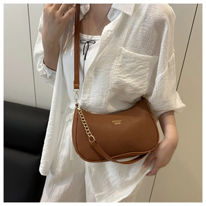 Brown lychee-texture leather hobo bag with gold chain and Fashion Bags lettering