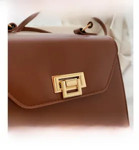 Close-up of brown leather bag with golden rectangular metal turn-lock and fine texture