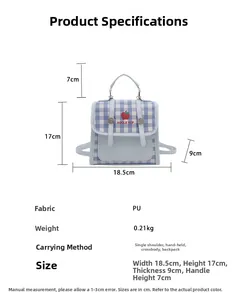 Size chart showing dimensions for a blue plaid PU crossbody bag with red apple print
