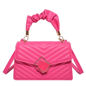 V-quilted bright pink small square bag with ruched handle and gold geometric magnetic buckle