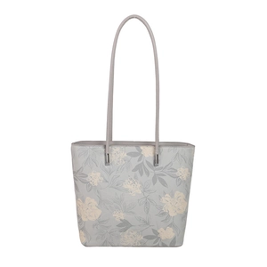 Elegant floral print tote bag with light grey leather straps for women's daily commute