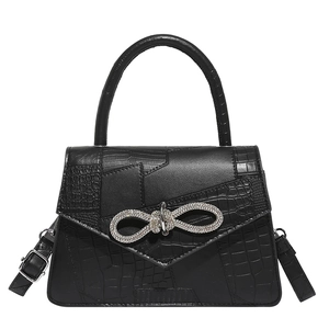 Black crocodile embossed square handbag with sparkling rhinestone bow and top handle
