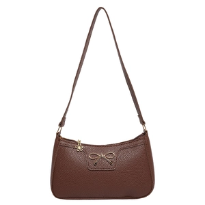 Brown lychee grain PU baguette bag with golden bow and floral pendant detail