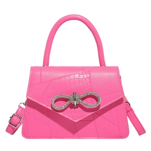 Rose red faux crocodile leather handbag featuring a crystal butterfly clasp and round handle