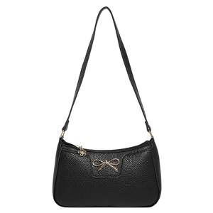 Elegante borsa hobo in pelle nera con fiocco dorato e cerniera con ciondolo a fiore