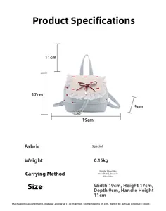 Detailed size chart of light blue polka dot backpack with dimensions and material specs