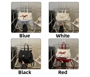 Detailed grid of mini lace backpacks in blue, white, black, and red with pearl charms