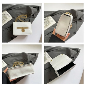 Detailed four-way view of white crocodile pattern shoulder bag with gold chain and padlock
