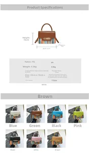Detailed size chart for small crossbody bag with dimensions 22x16x7cm in various colors