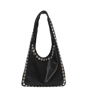 Fashionable black faux leather shoulder bag with silver rivet studs and a punk style
