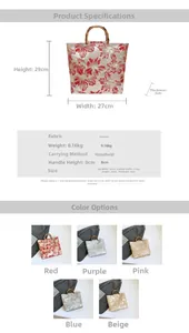Size chart showing fabric details and dimensions for Chinese style bamboo handle tote bag